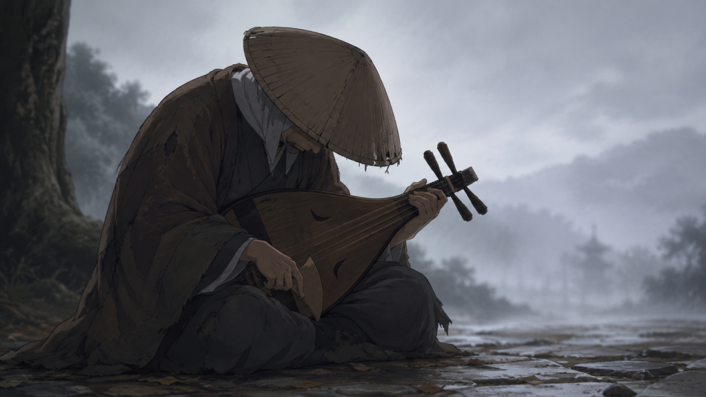 琵琶法師が腰を丸めてうつむく姿