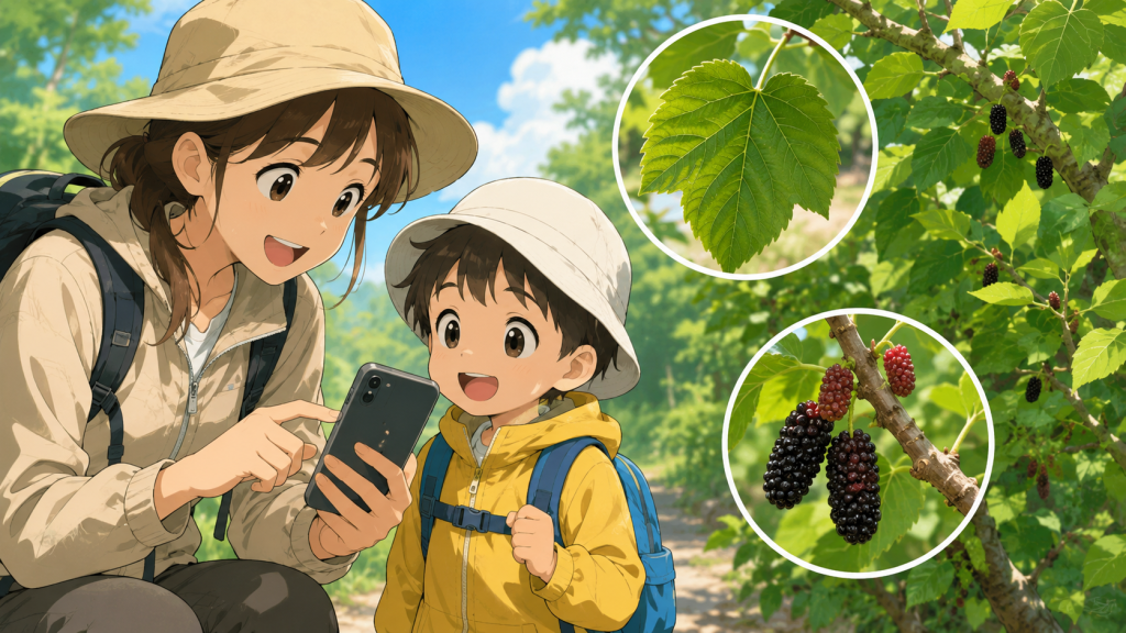 ヤマグワの葉や実の写真をスマートフォンなどで一緒に確認