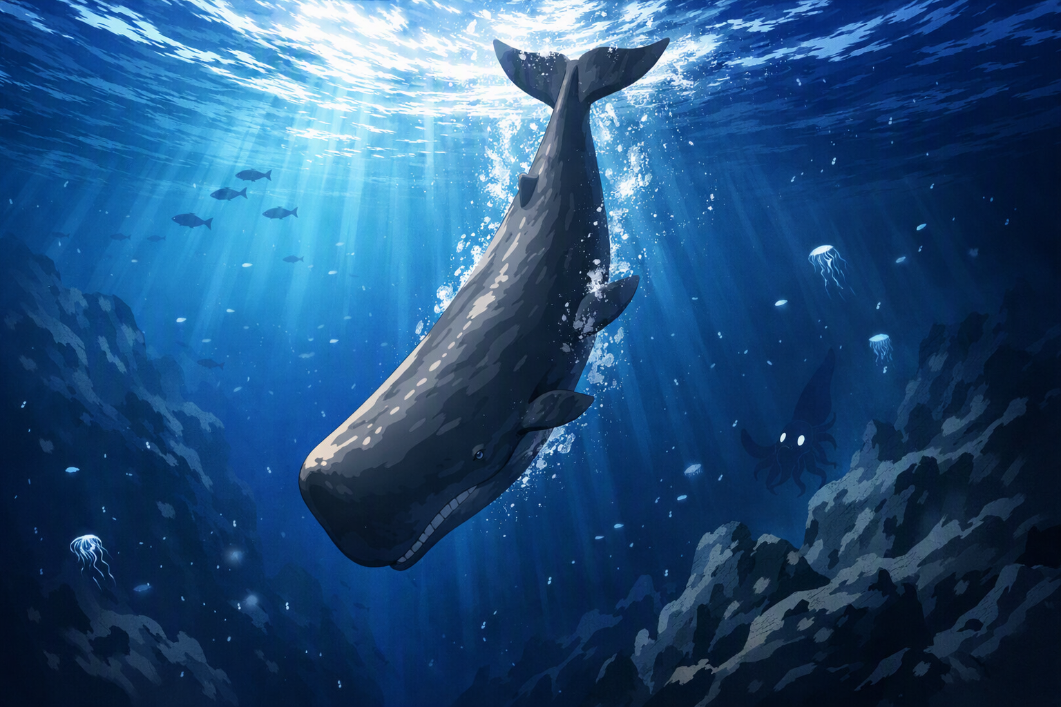 マッコウクジラが深海へ潜る