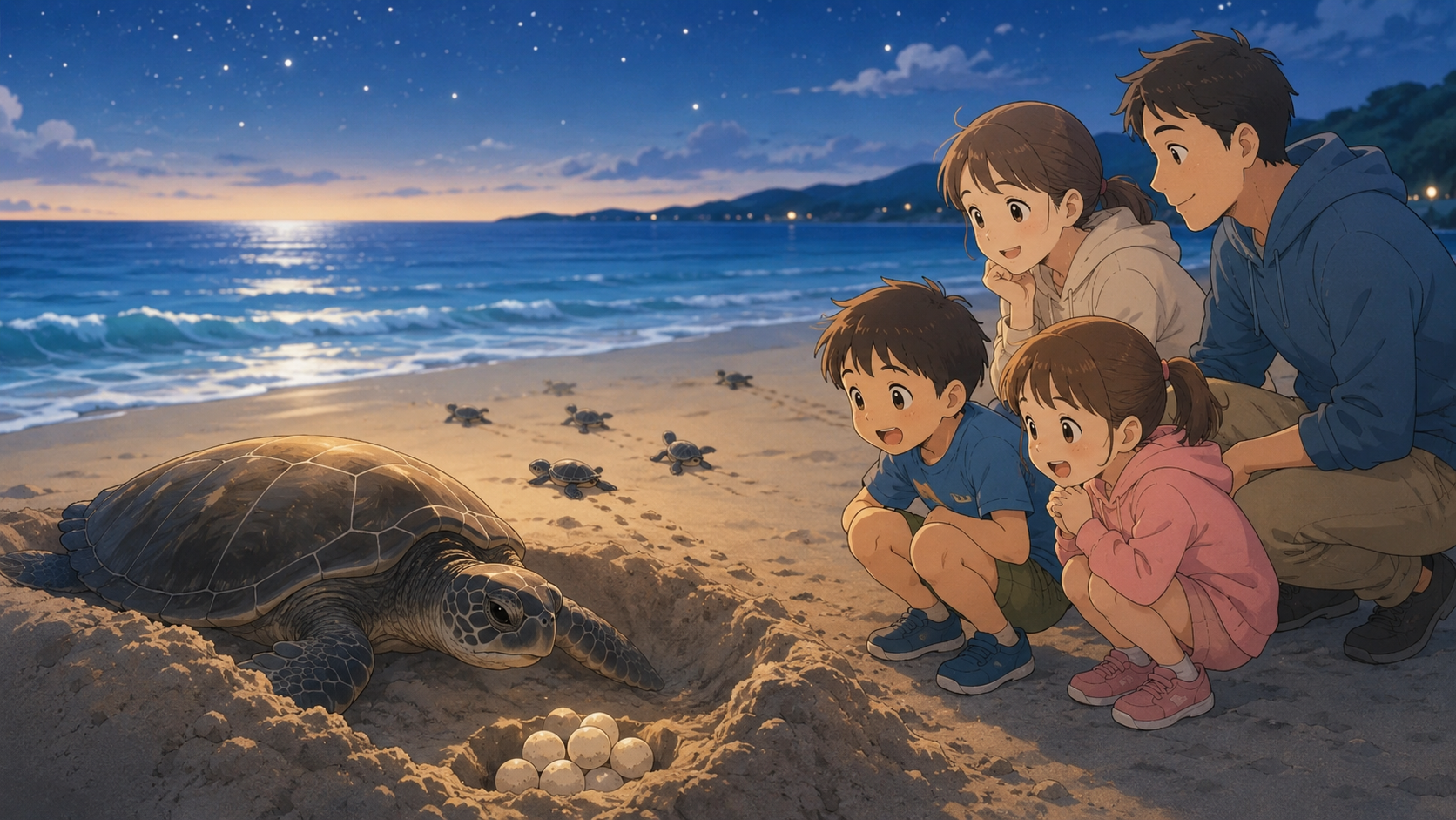 浜辺とウミガメ家族