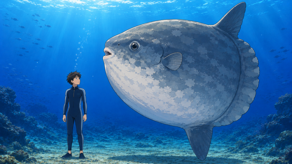 マンボウの大きさを人間と比較