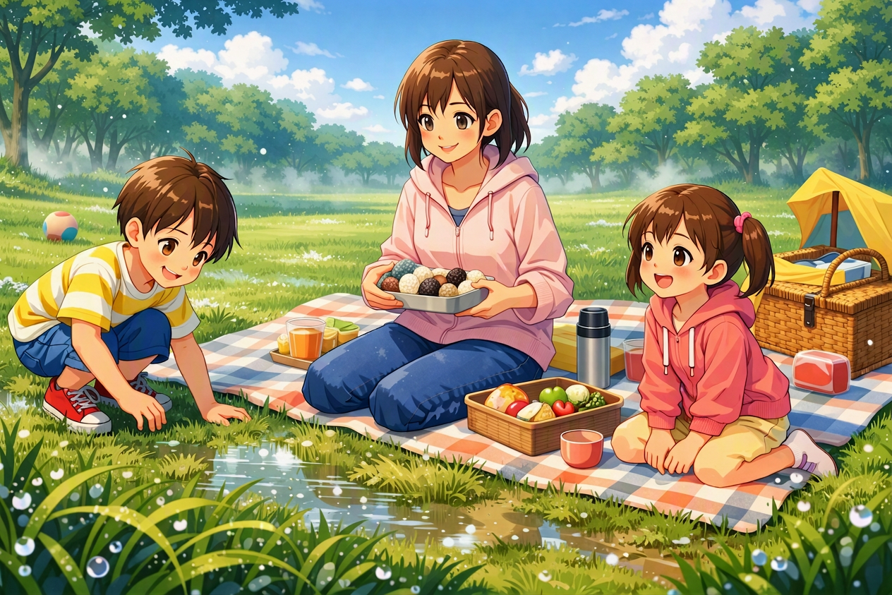 濡れた芝生でのピクニック